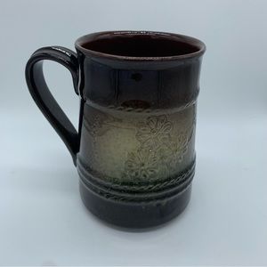Vintage Redware Pottery Green Brown Glaze Large Flower Stein Coffee Tea Mug